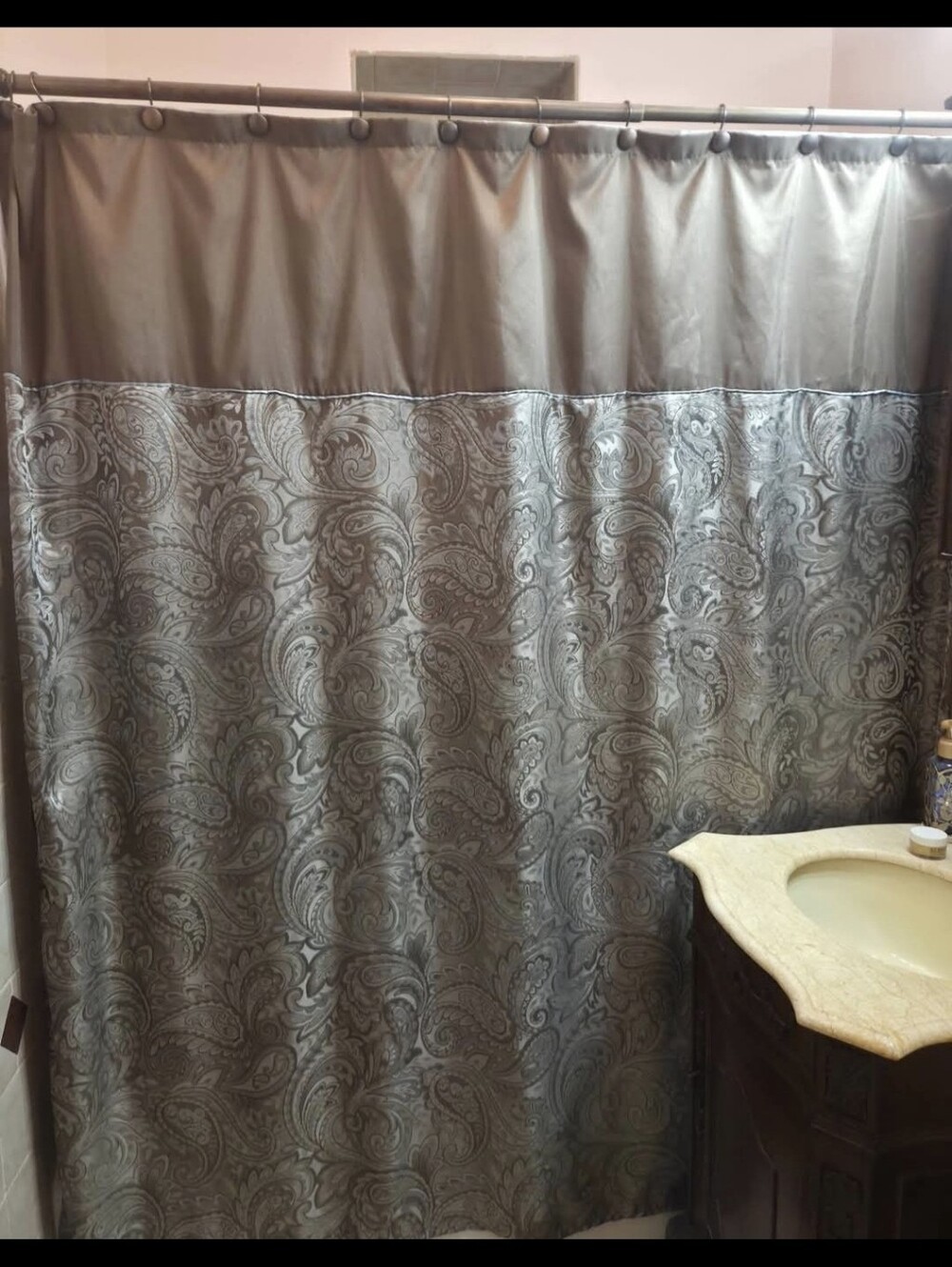 Elegant Paisley Shower Curtain in Taupe and Silver